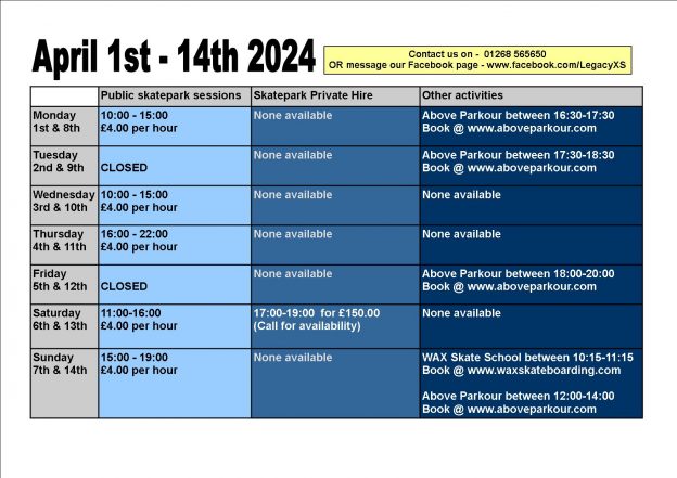 Opening Times | Legacy XS Skatepark and Youth Centre